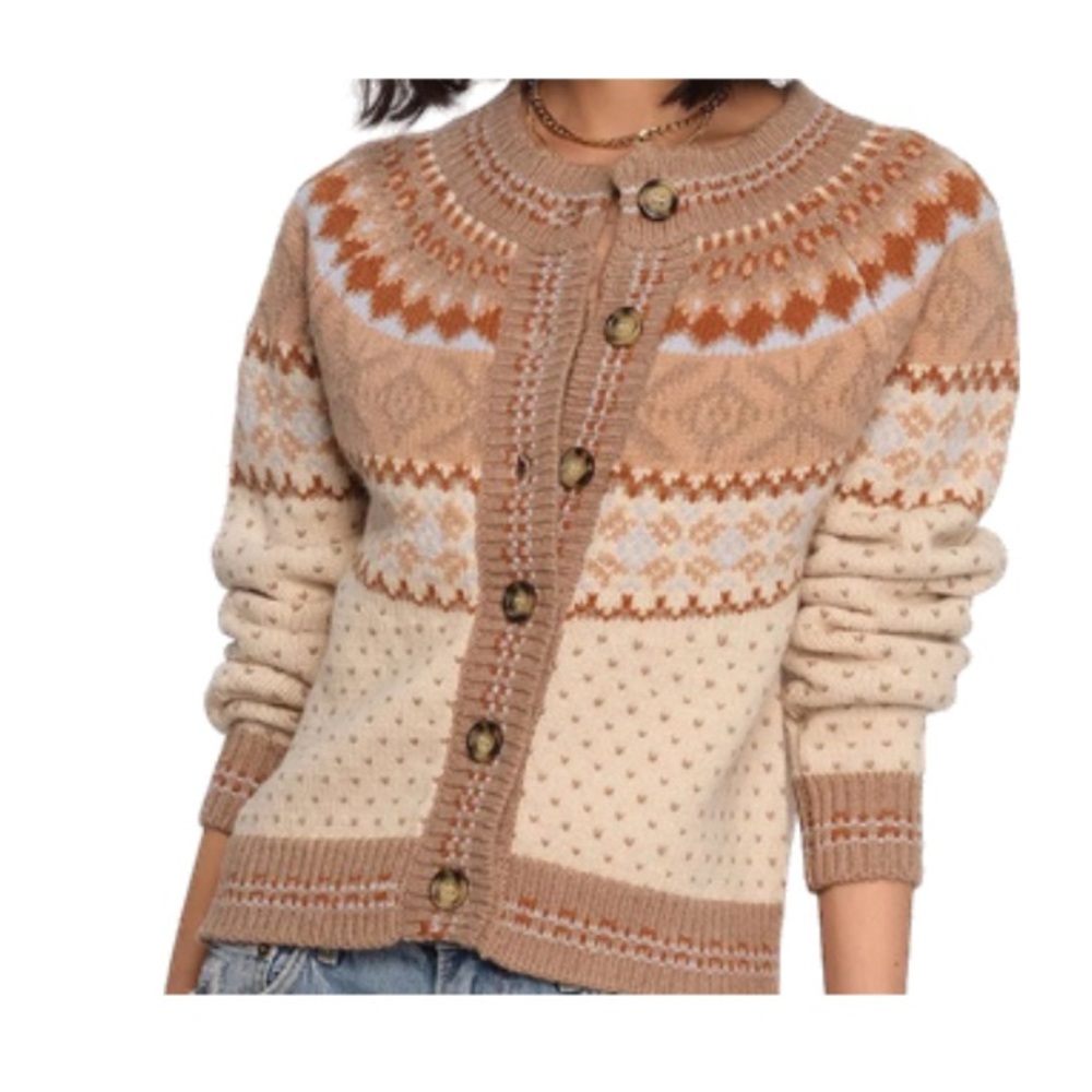 Heartloom Beige and Brown Nordic Patterned Chunky Cardigan
